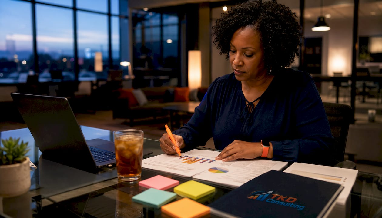 Woman highlighting sales strategy document
