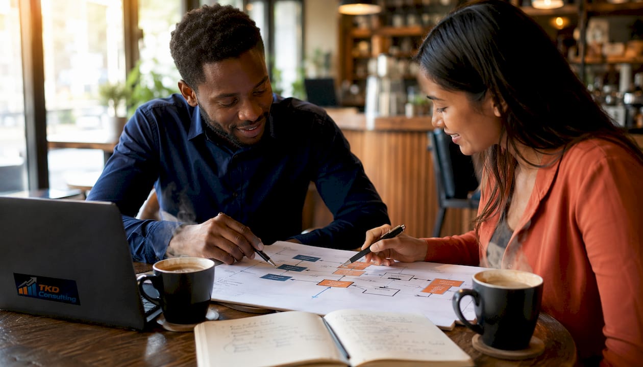 Hands pointing at ERP integration flowcharts on desk