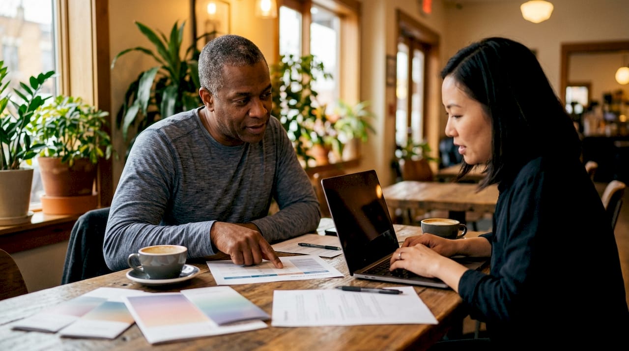 Two professionals discussing insurance providers