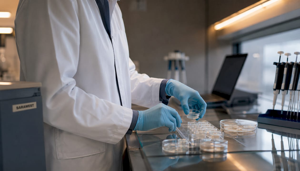 Hands preparing microbial challenge samples
