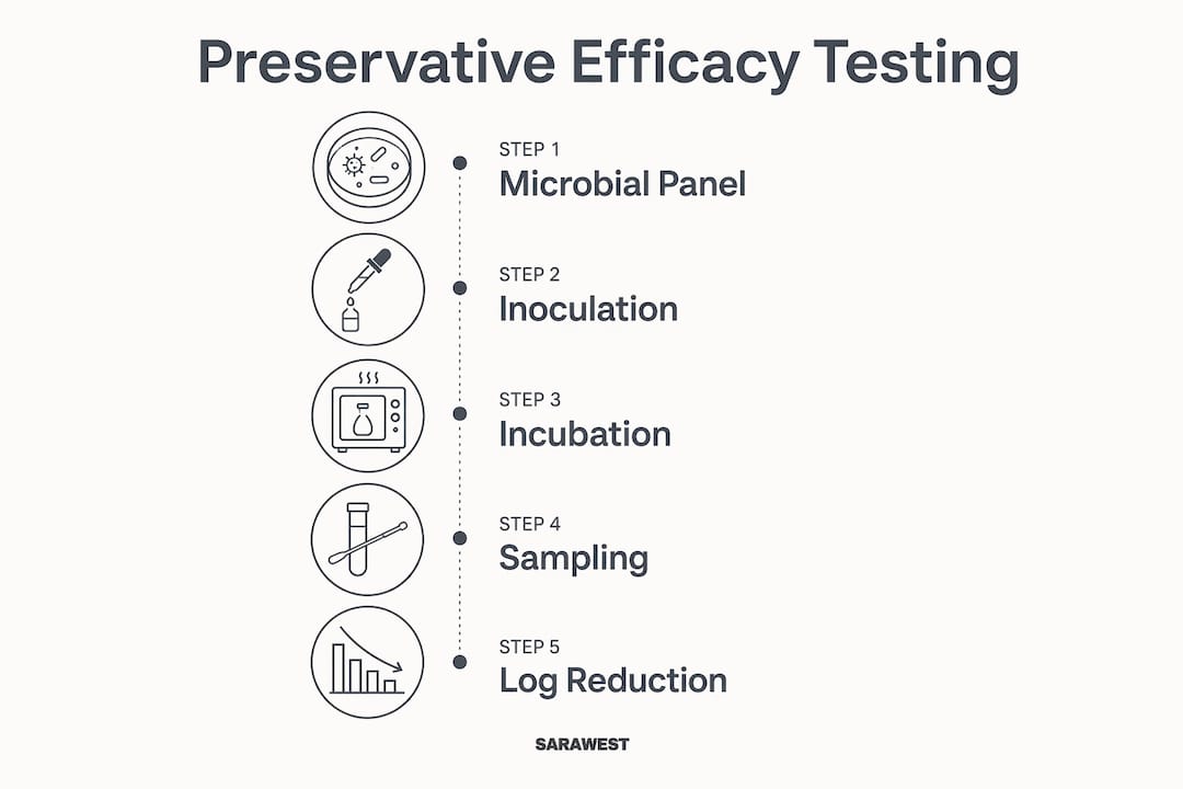Infographic showing preservative efficacy testing process steps