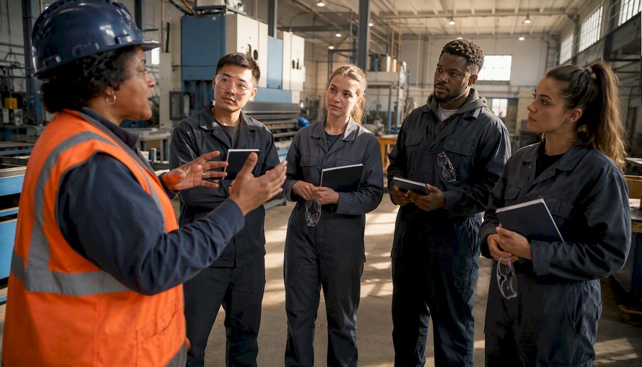 Factory supervisor training workers on assembly line