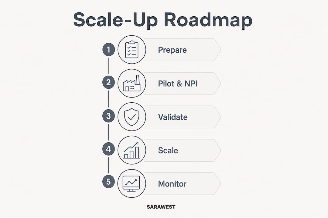 Infographic showing steps of manufacturing scale-up roadmap