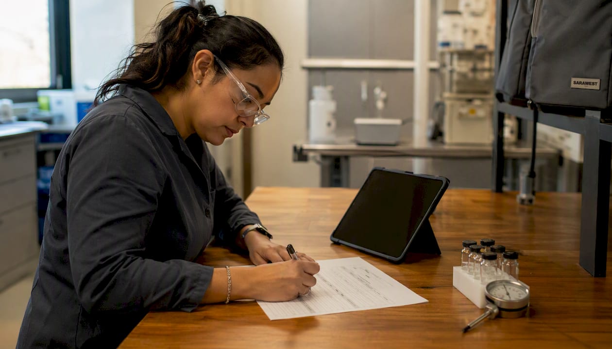 Hands recording batch data in manufacturing