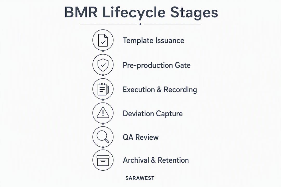 Infographic outlining batch manufacturing record lifecycle stages