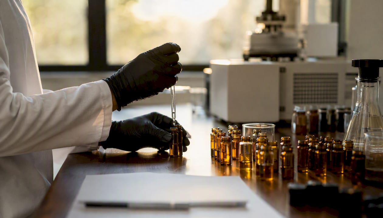Hands pipetting chemical samples in lab