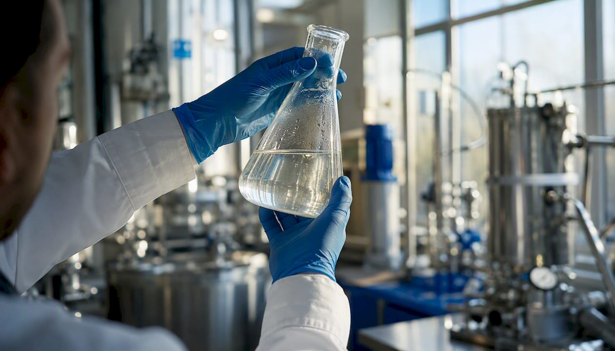 Hands inspecting chemical solution in flask during quality control