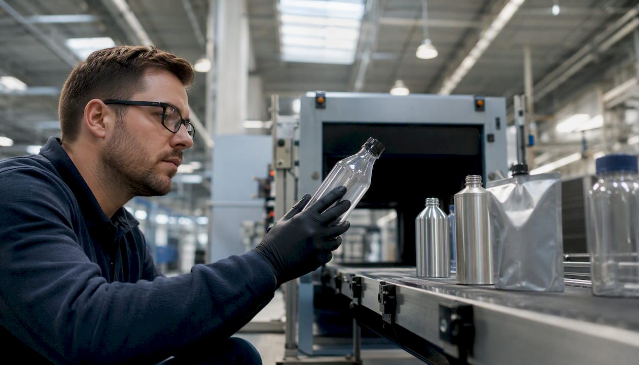Technician testing shrink film on bottle
