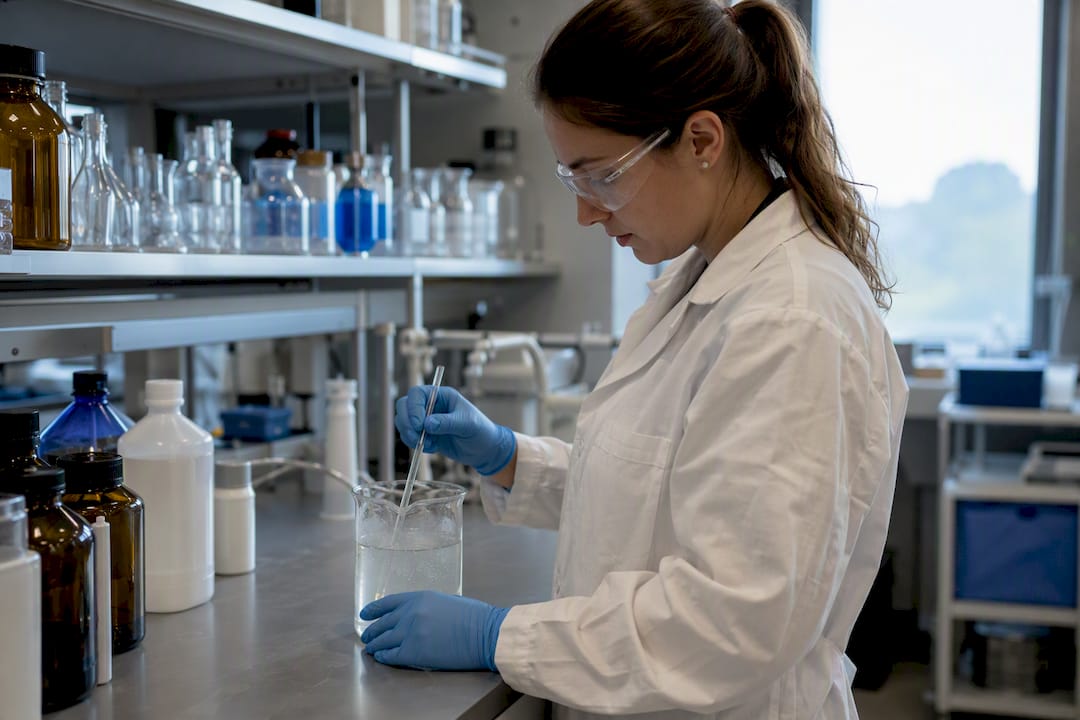 Hands mixing glass cleaner formula in lab