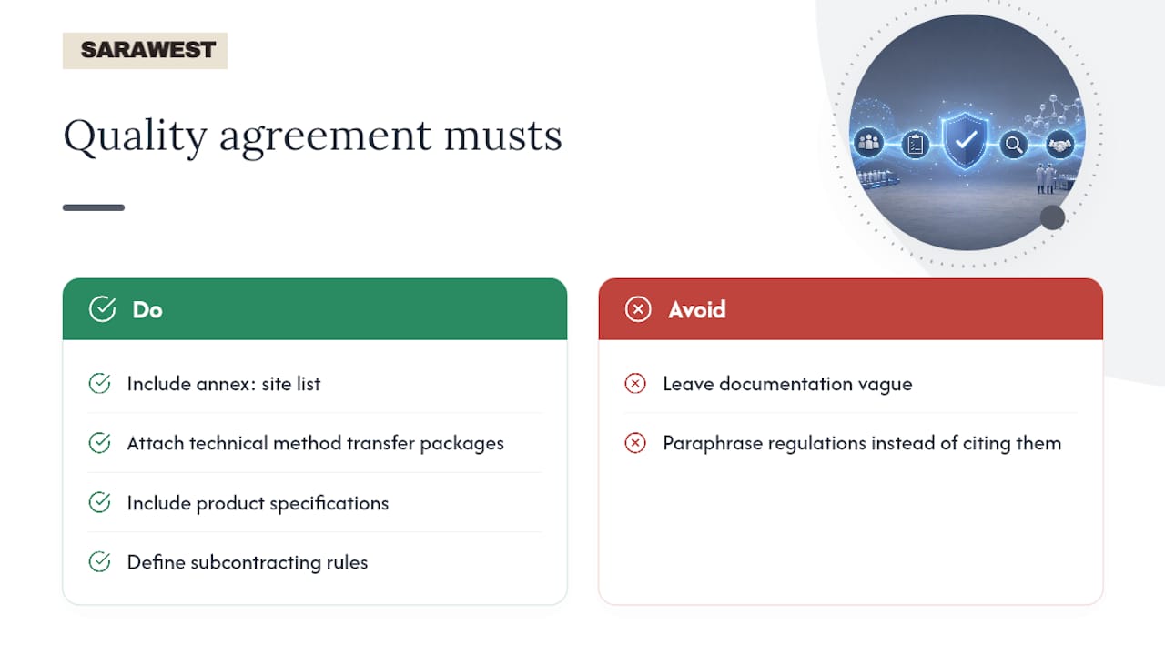 The essential elements every quality agreement should address include clear ownership across key areas such as quality unit activities, facilities and equipment, materials management, product-specific considerations, laboratory controls, documentation, and change control. Omitting any critical area can lead to compliance gaps. — overview diagram