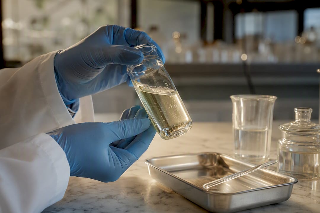 Chemist inspecting cleaning formula sample viscosity