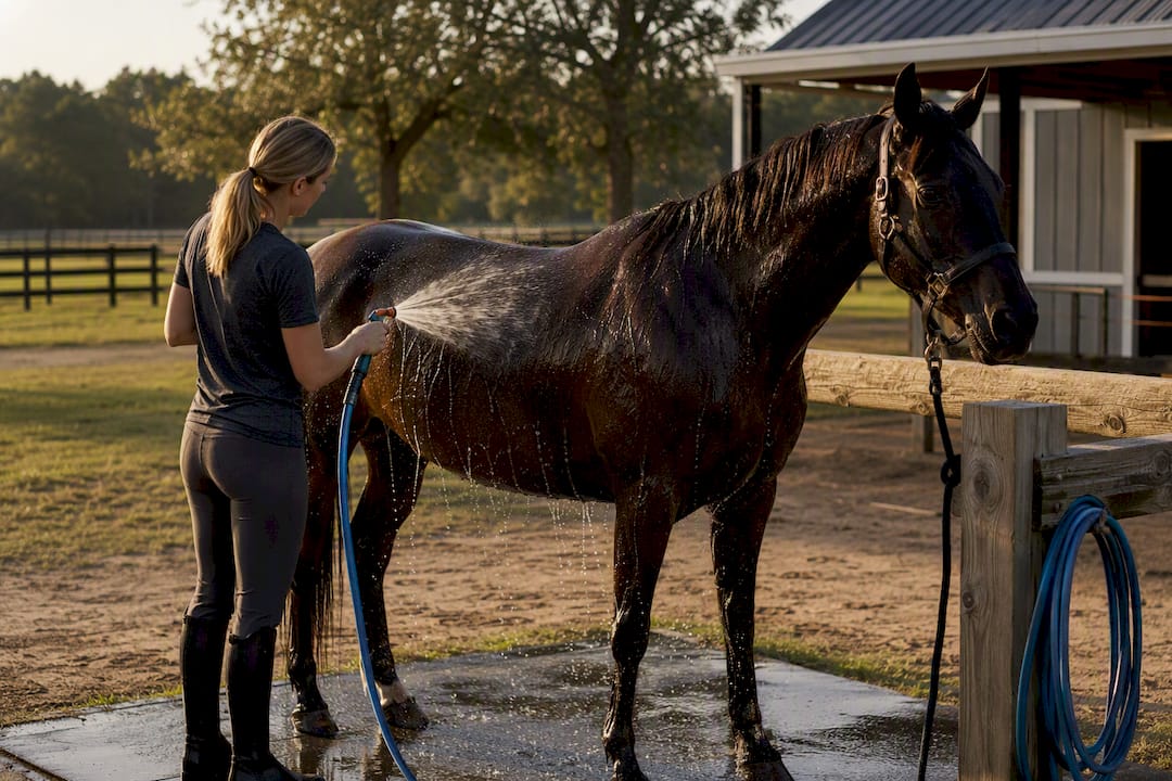 Horse being rinsed in an open paddock