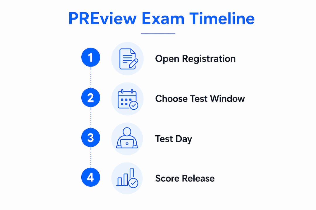 Infographic illustrating AAMC PREview exam timeline steps
