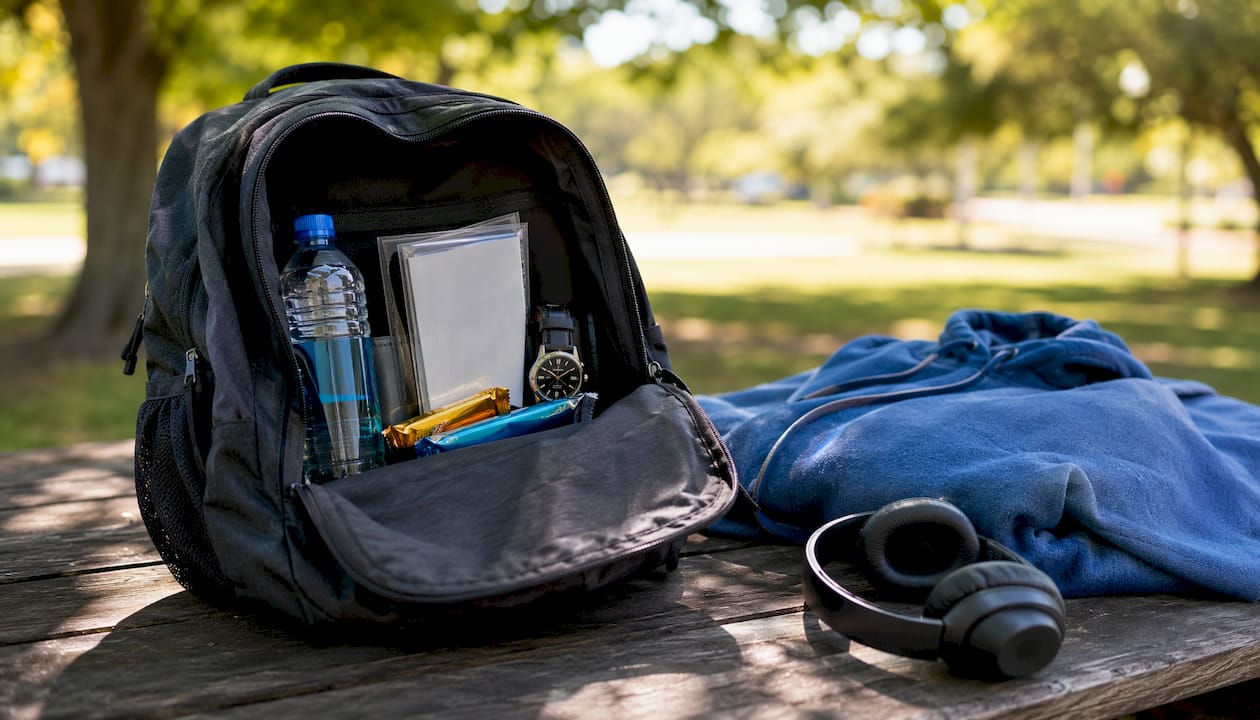 Packed backpack with AAMC PREview exam essentials