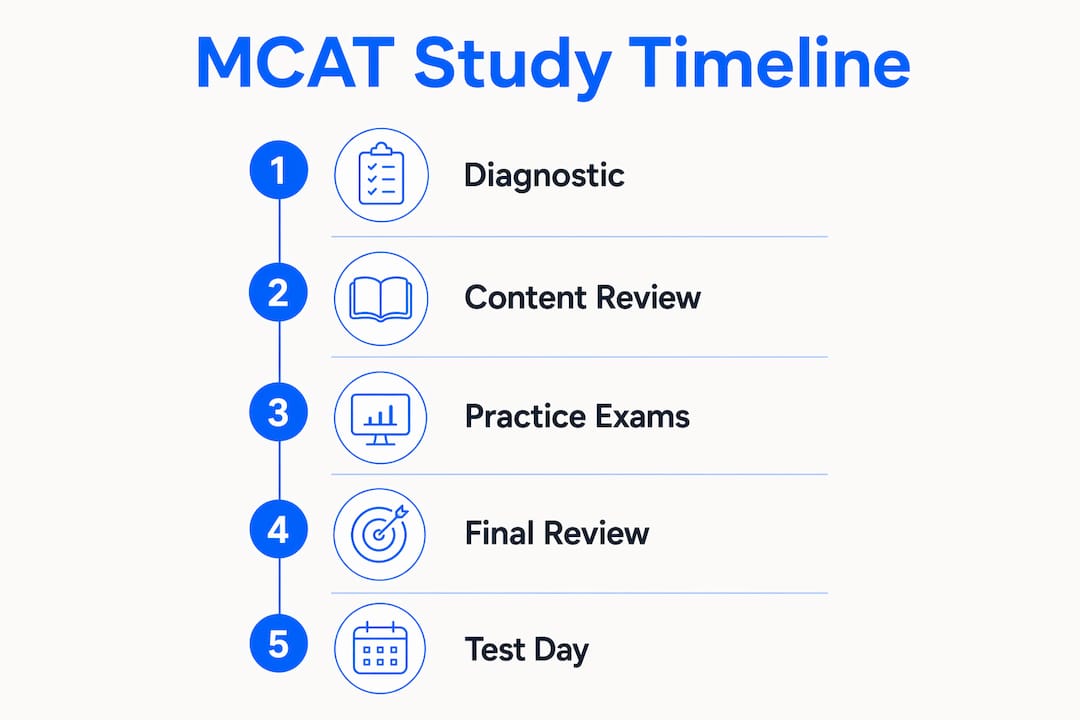 Infographic illustrating MCAT study timeline steps