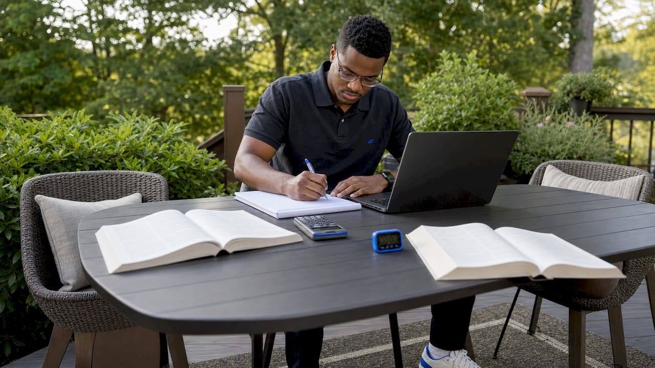 Student taking diagnostic MCAT exam at desk