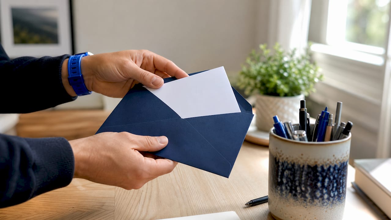 Hands holding and preparing letter of interest to mail
