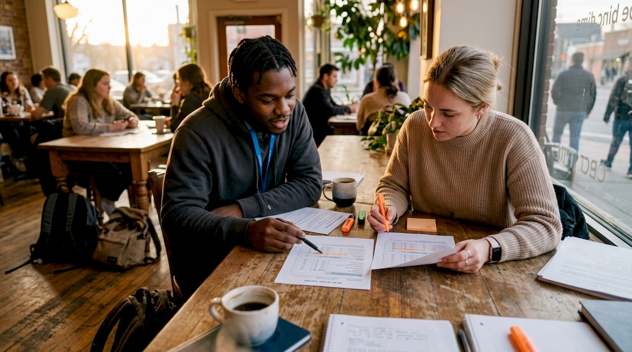Hands reviewing MCAT score data sheets together