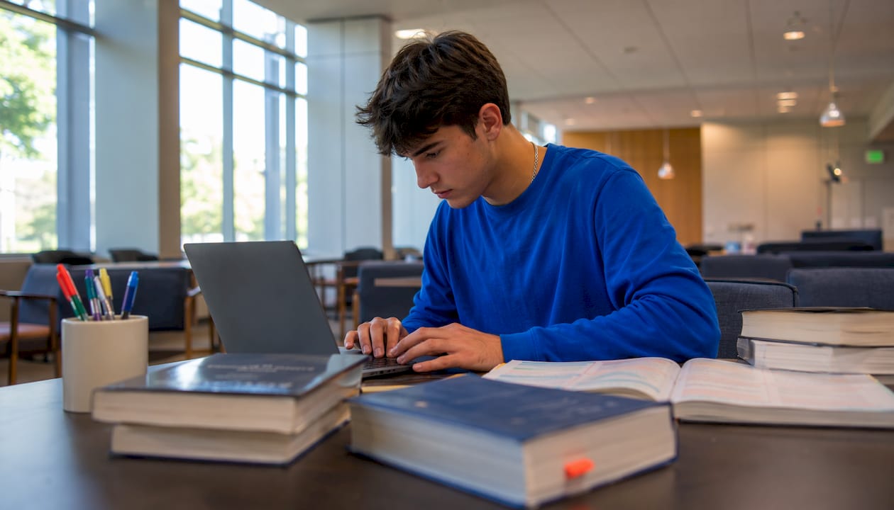 Student balancing major and premed coursework at dorm desk.
