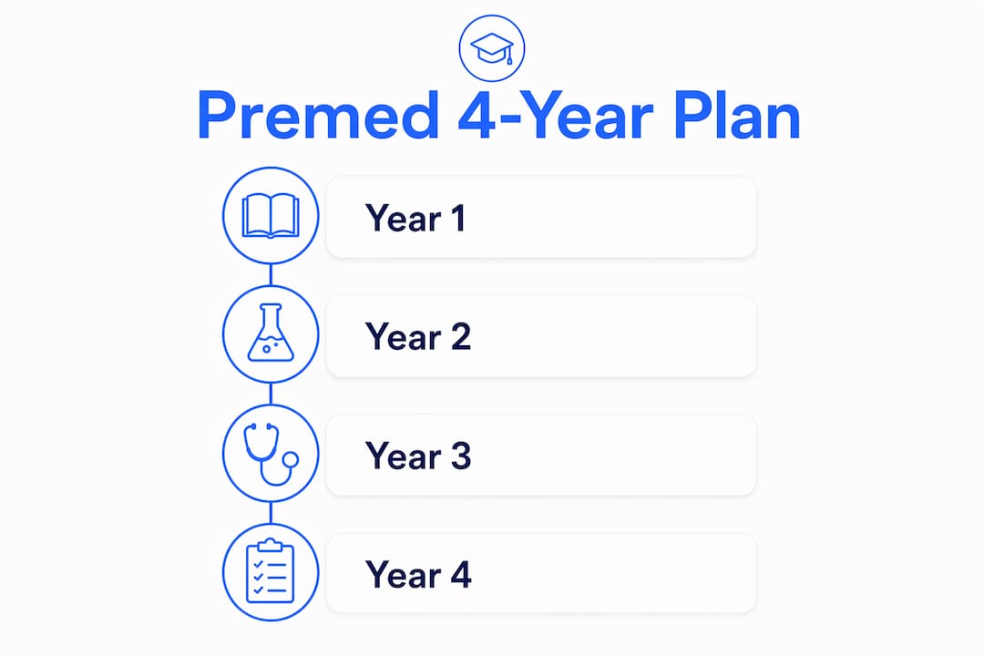 Infographic showing premed 4-year semester-by-semester plan with steps.