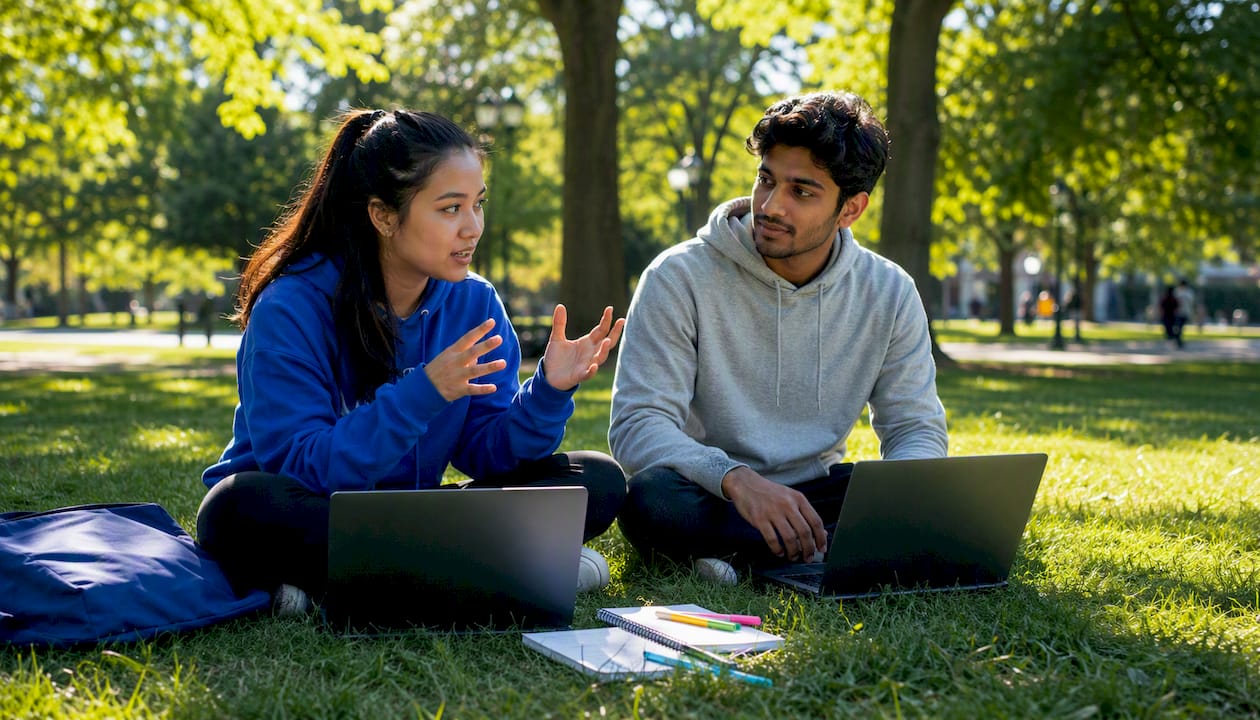 Premed students discussing exam preparation plans