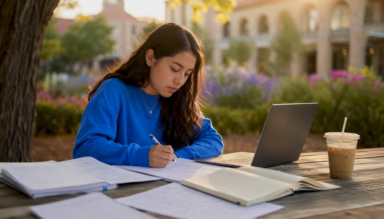 Student summing quality points outside on campus