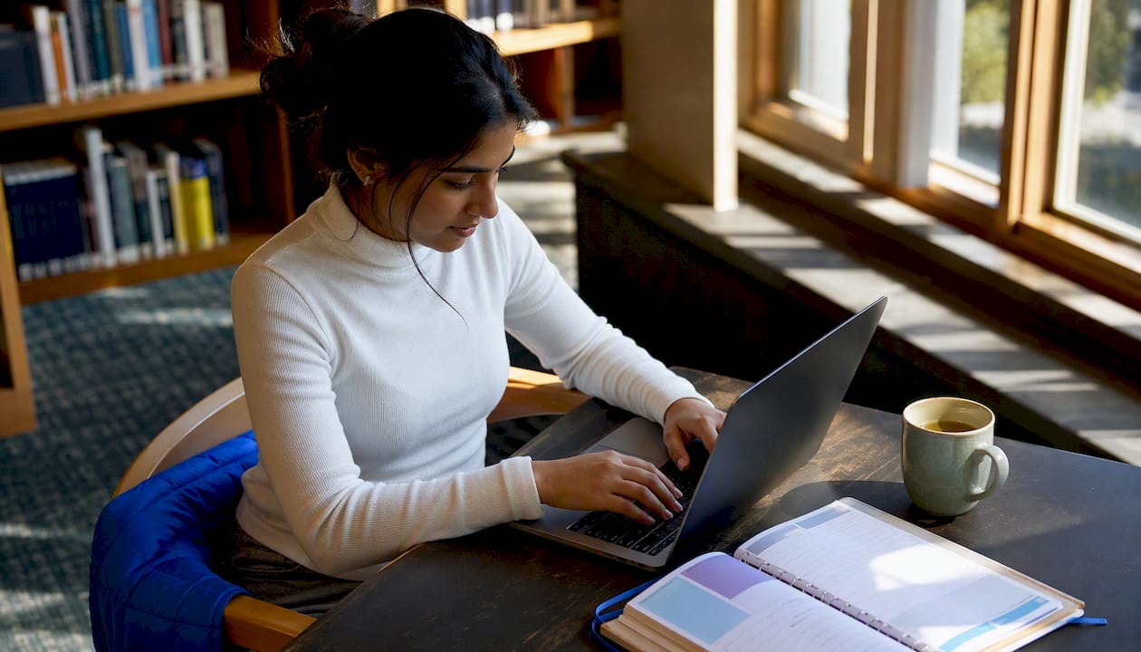 Young woman writing medical personal statement in café