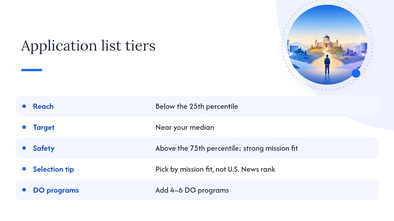 Tiered chart of reach, target, and safety med schools