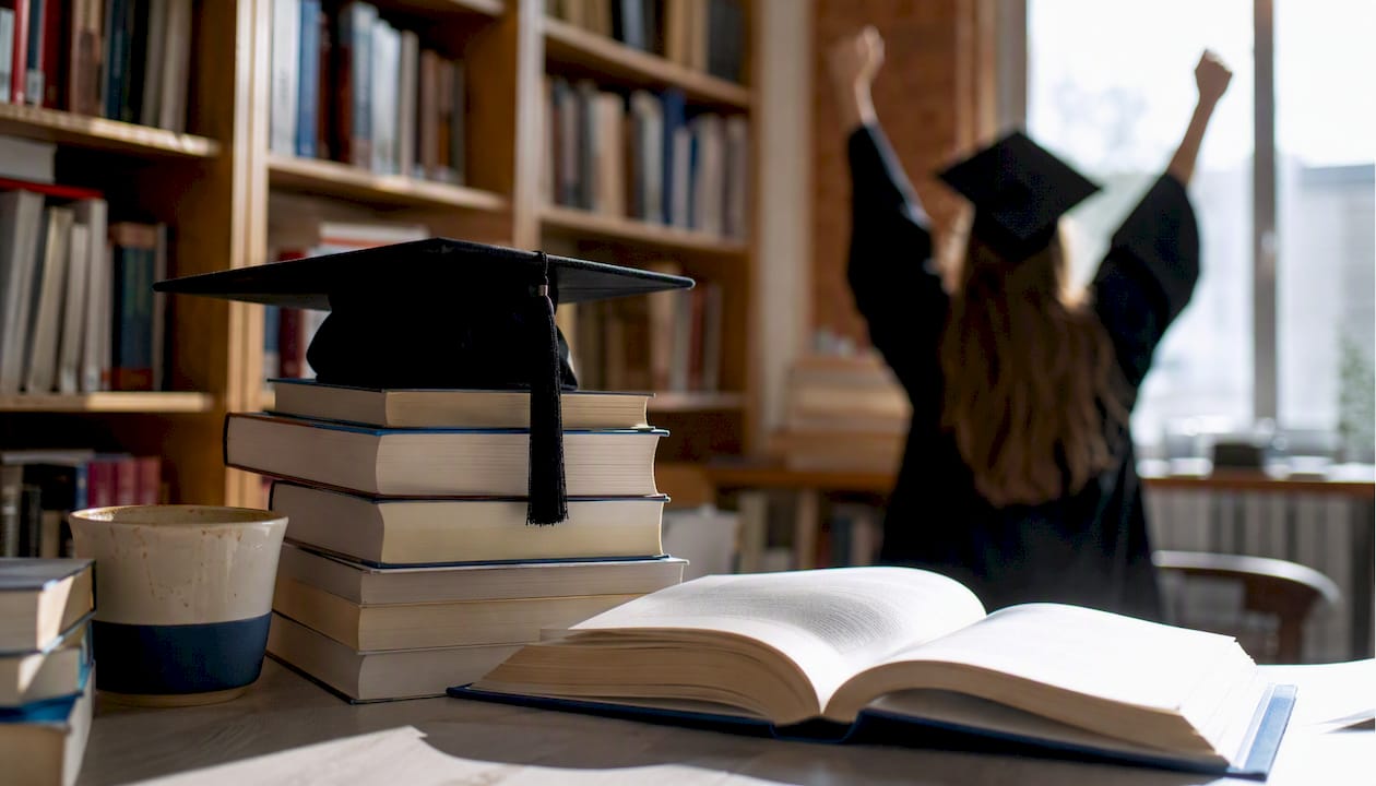 Textbooks and graduation cap symbolizing GPA improvement