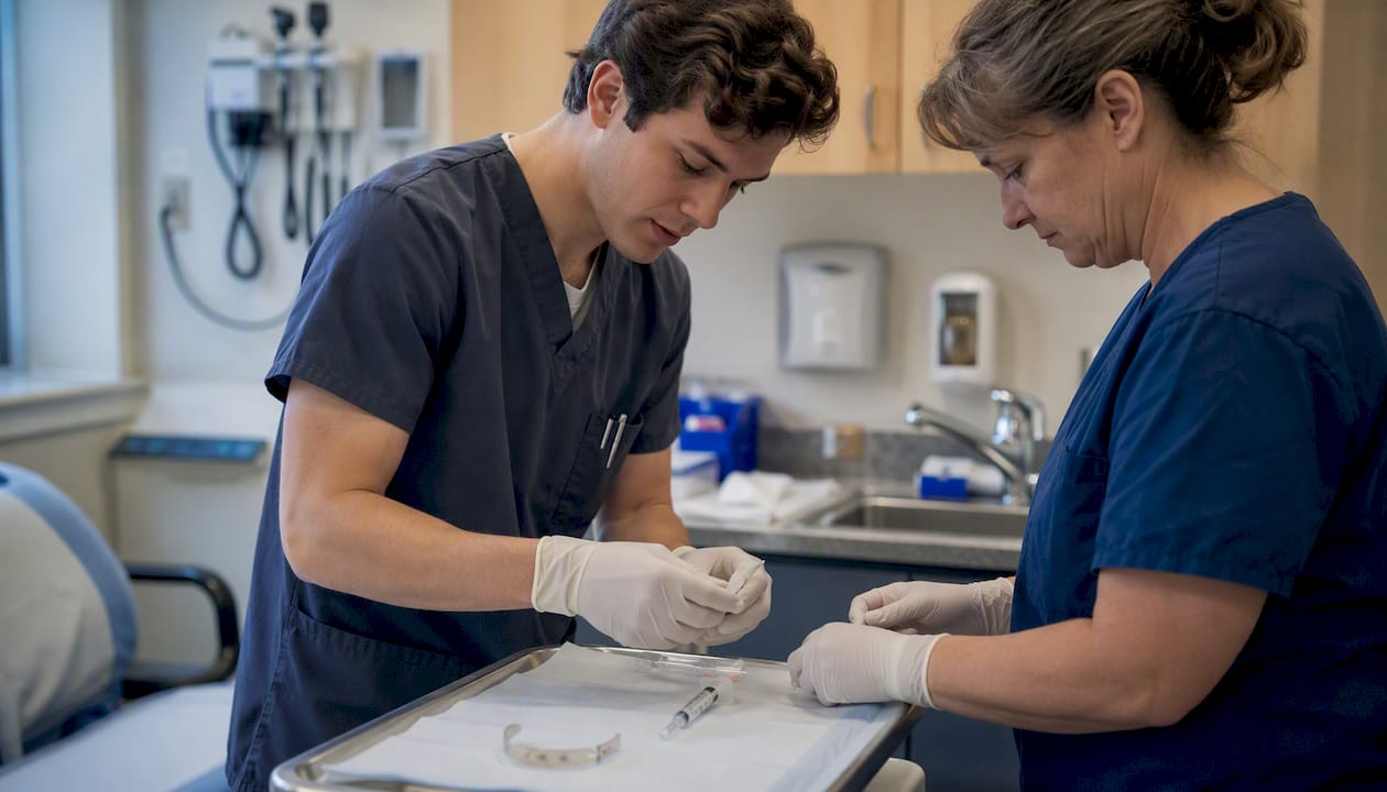 Gloved hands assisting patient care in hospital