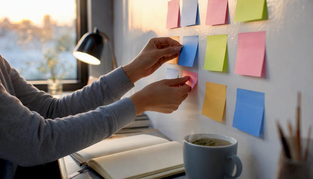Hands scheduling study timeline with magnetic blocks