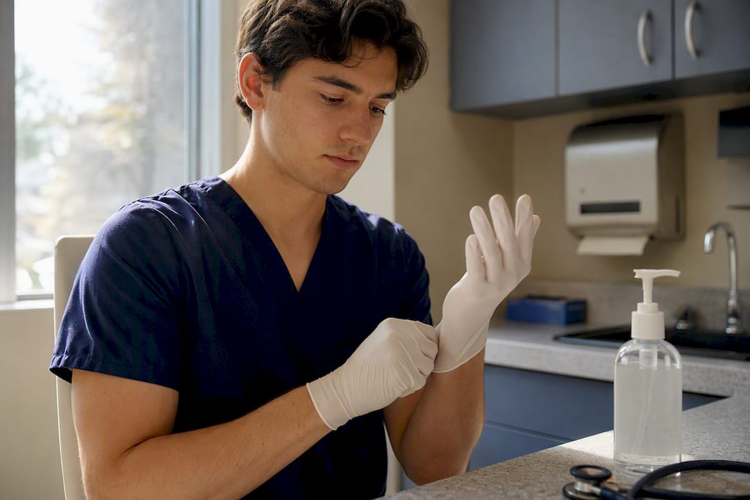 Student putting on gloves in clinical setting