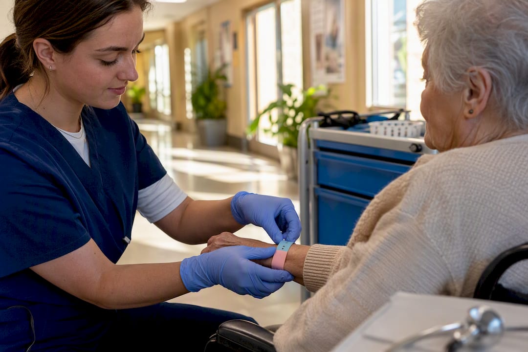Hand placing wristband on patient in healthcare setting