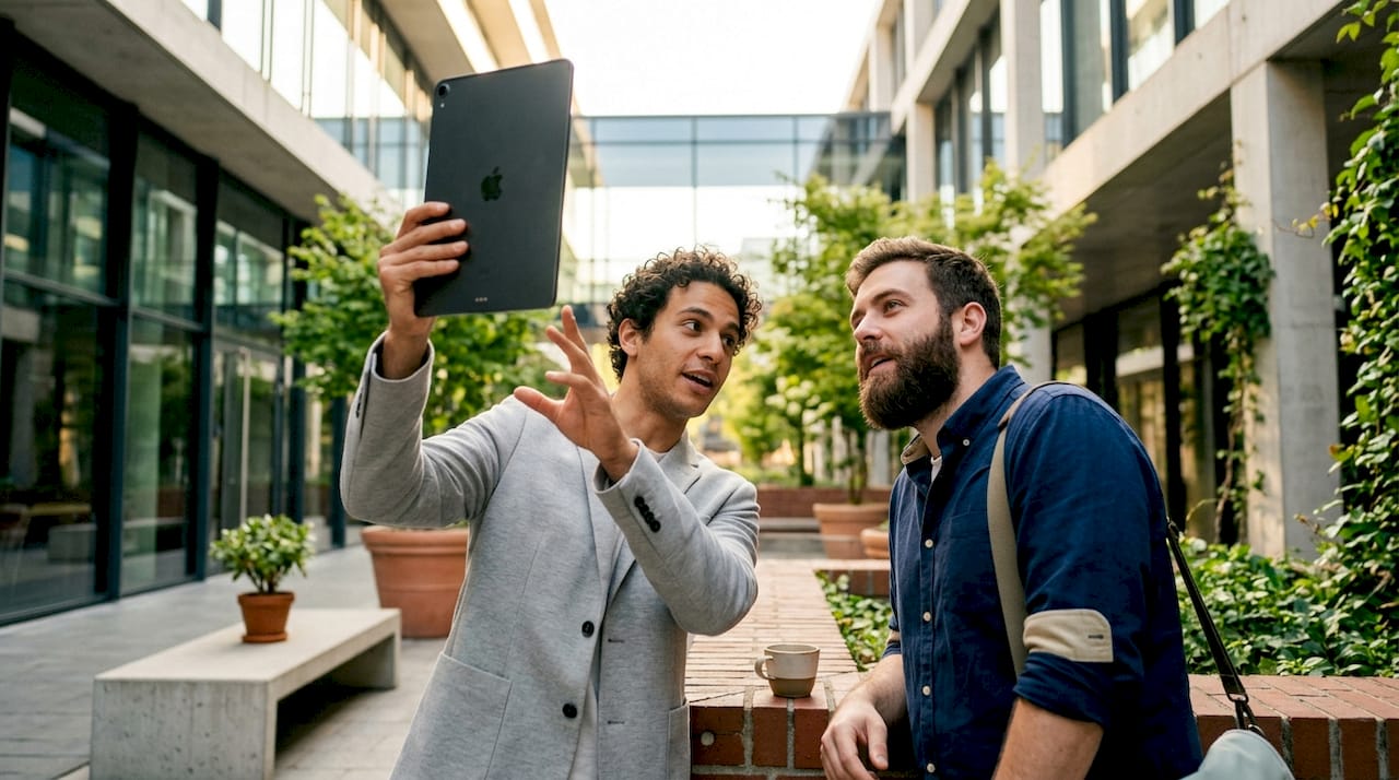 Two men discussing data connectors over tablet