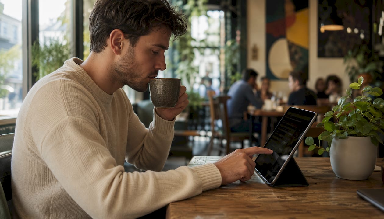 Man adjusting ad rotation on tablet in café