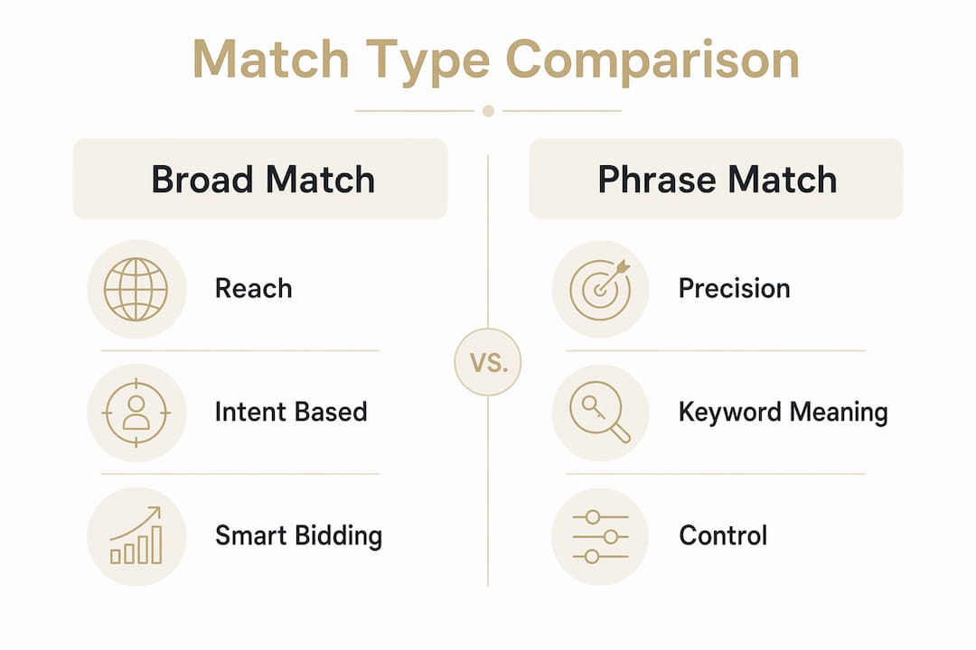 Infographic comparing broad match and phrase match