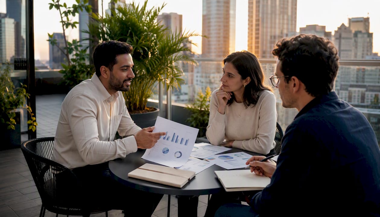 Team discussing bidding strategies around table
