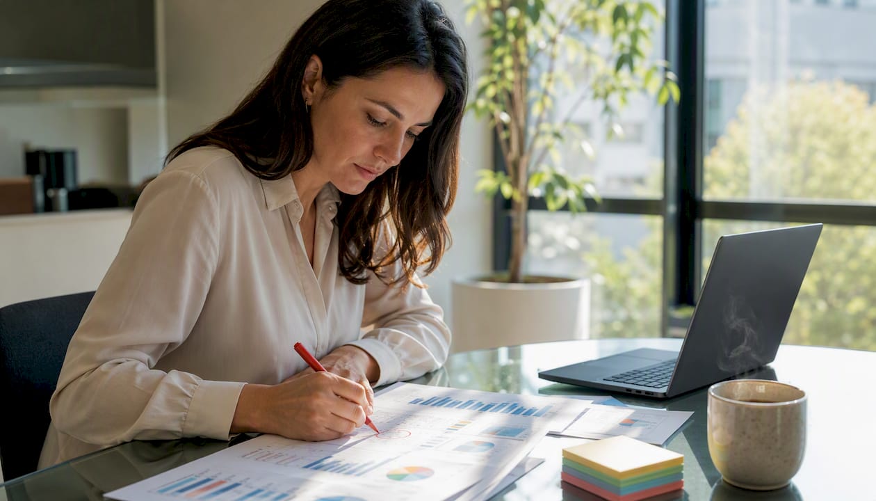 Financial analyst annotating conversion value reports