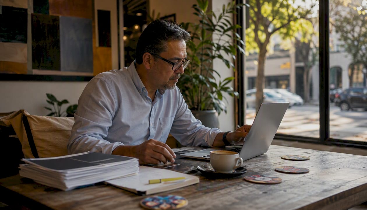 Sales professional using ZoomInfo database at office desk