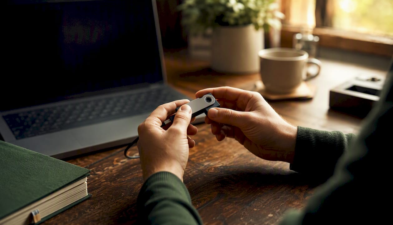 Hands holding a hardware encryption device
