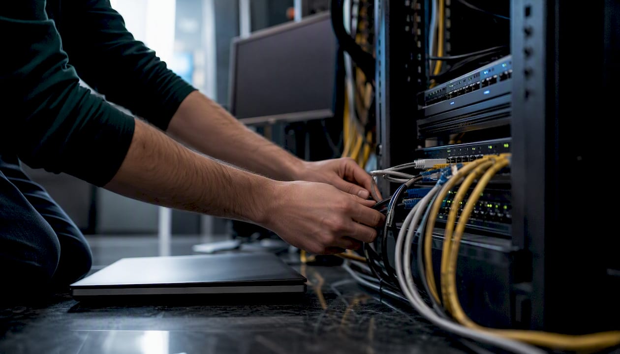 Close-up of hands connecting cables next to data server