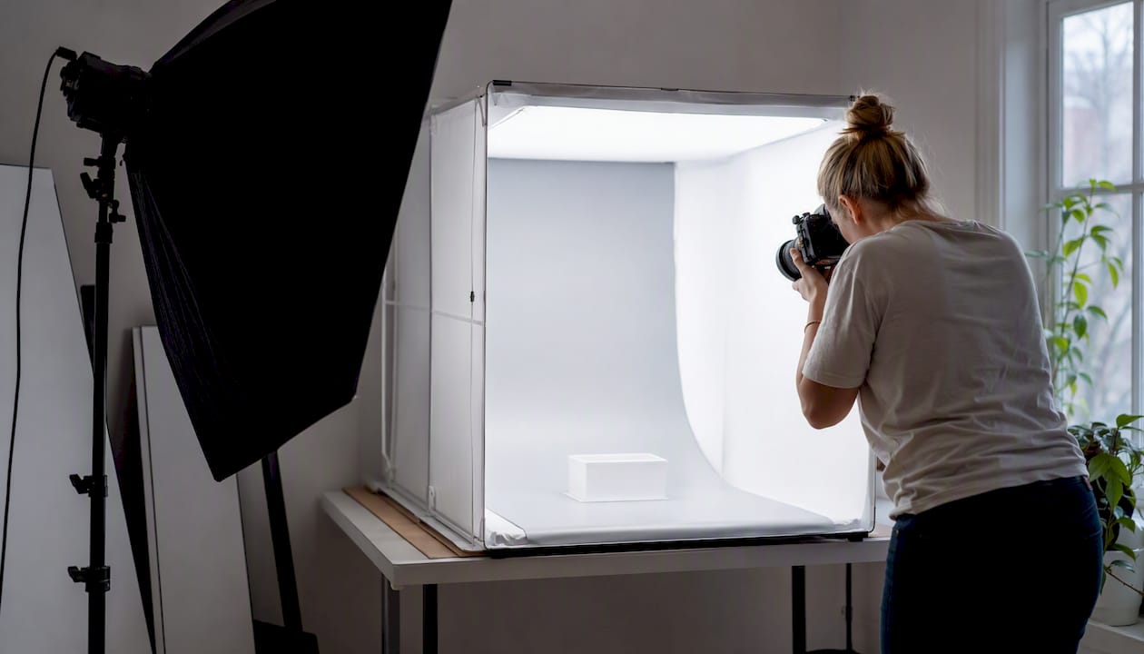 Product photography setup with neutral white background