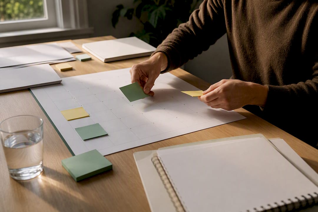 Hands adjusting calendar with coffee on desk
