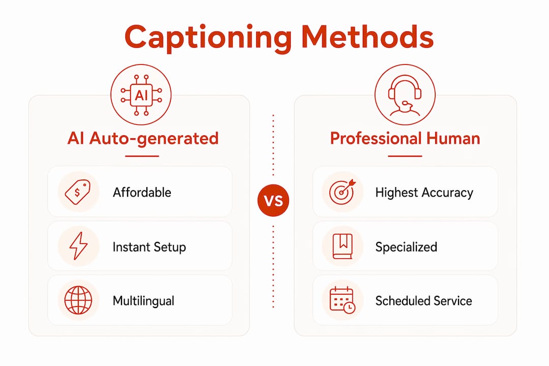 Infographic comparing AI and professional captioning
