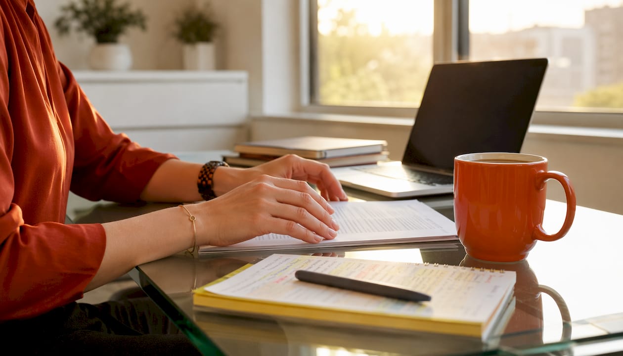 Close-up of transcriptionist reviewing medical transcript