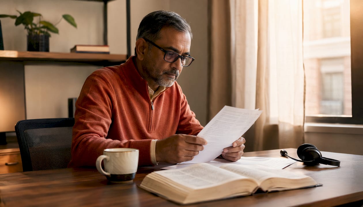Man reviewing multilingual scripts in translation agency office