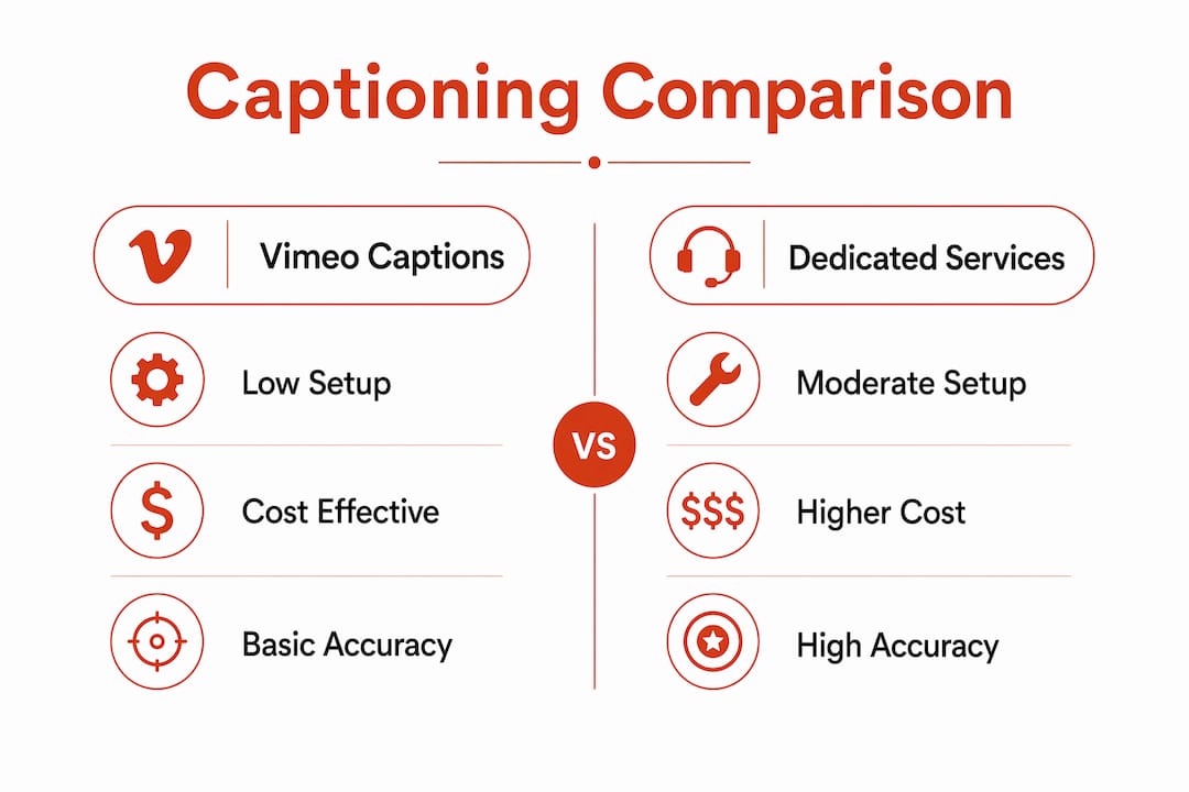 Infographic comparing Vimeo captions and dedicated captioning services