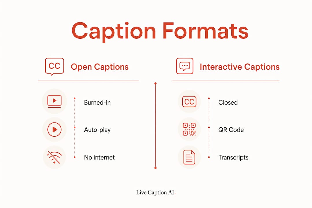 Infographic comparing open and interactive caption formats