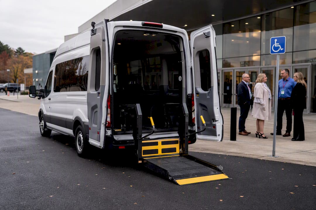 Accessible shuttle van with wheelchair lift at venue