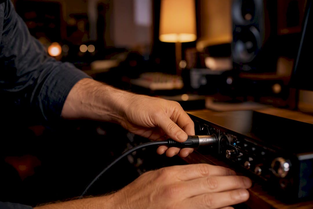 Technician plugging in microphone cable